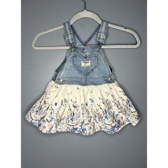 OshKosh B'gosh Dress Baby Girls 18M Blue Denim Floral Butterfly Skirt Overalls - Picture 1 of 11